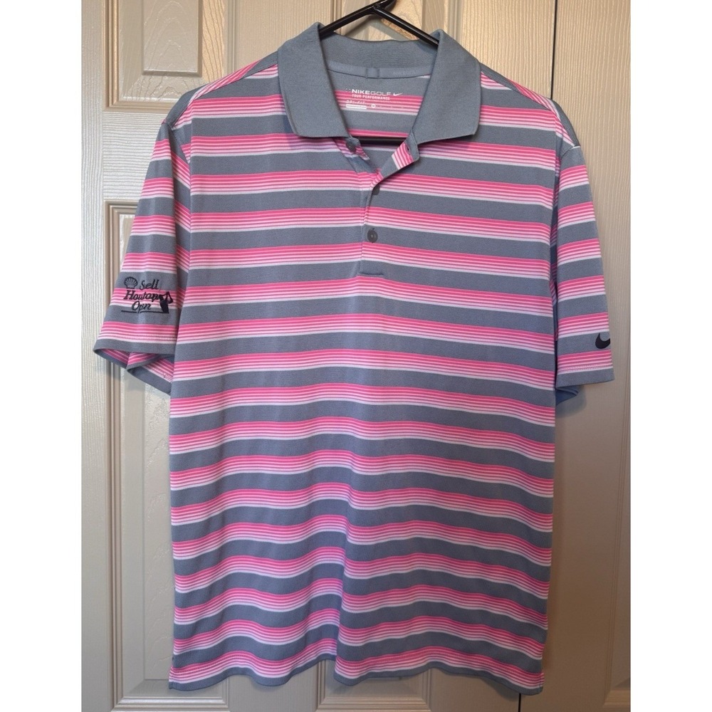 Nike Dri Fit Shirt Golf Polo Men Medium Pink Gray White Stripe Tour Performance